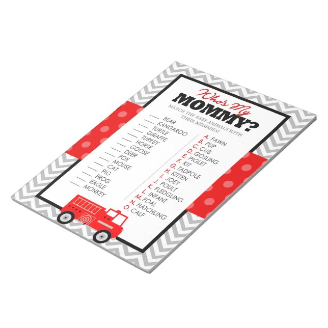 Firetruck Who's My Mommy Baby Animal Shower Game Notepad (Angled)