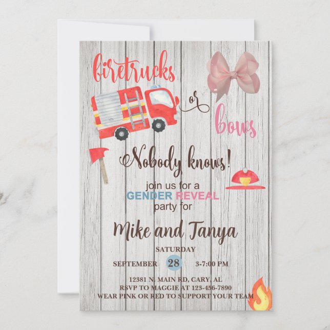 Firetrucks or Bows gender reveal invitation. Invitation (Front)