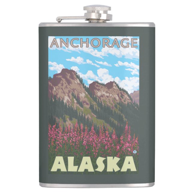 Fireweed & Mountains - Anchorage, Alaska Flask (Front)