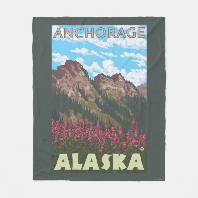 Fireweed & Mountains - Anchorage, Alaska Fleece Blanket (Front)