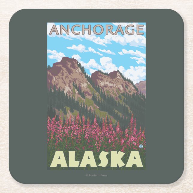 Fireweed & Mountains - Anchorage, Alaska Square Paper Coaster (Front)