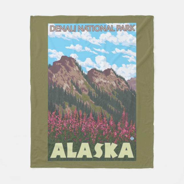 Fireweed & Mountains - Denali Nat'l Park, Fleece Blanket (Front)