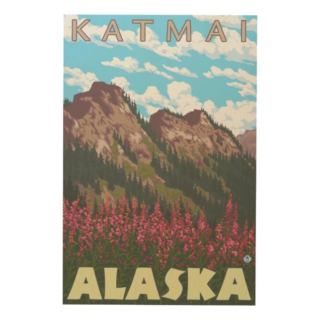 Fireweed & Mountains - Katmai, Alaska Wood Wall Art (Front)