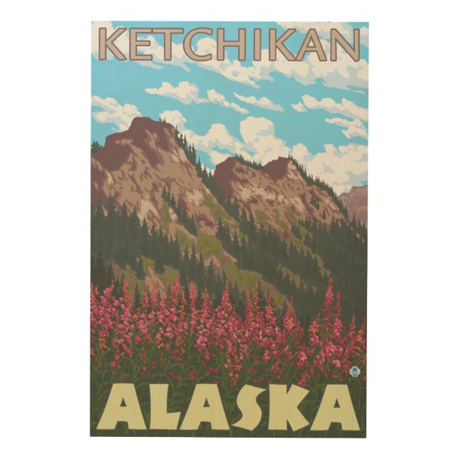 Fireweed & Mountains - Ketchikan, Alaska Wood Wall Art (Front)