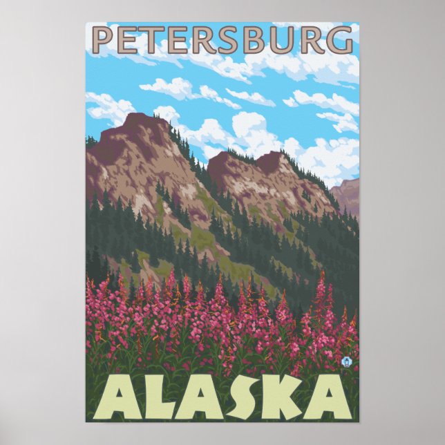 Fireweed & Mountains - Petersburg, Alaska Poster (Front)