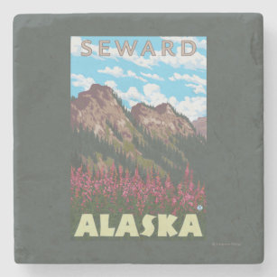 Fireweed & Mountains - Seward, Alaska Stone Coaster