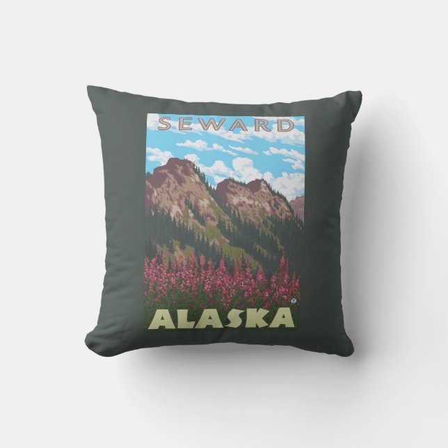 Fireweed & Mountains - Seward, Alaska Throw Pillow (Front)