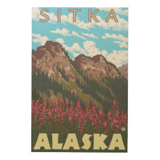 Fireweed & Mountains - Sitka, Alaska Wood Wall Art