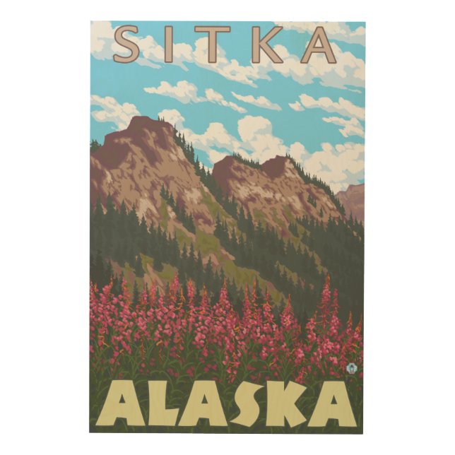 Fireweed & Mountains - Sitka, Alaska Wood Wall Art (Front)