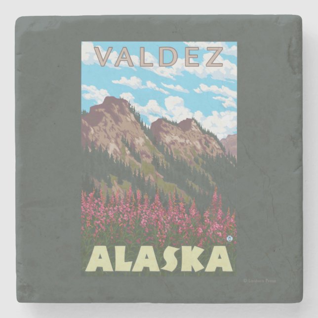 Fireweed & Mountains - Valdez, Alaska Stone Coaster (Front)