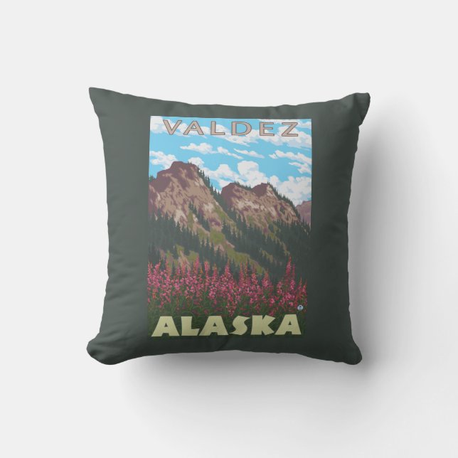 Fireweed & Mountains - Valdez, Alaska Throw Pillow (Front)