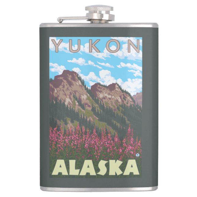 Fireweed & Mountains - Yukon, Alaska Hip Flask (Front)