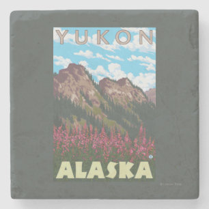 Fireweed & Mountains - Yukon, Alaska Stone Coaster