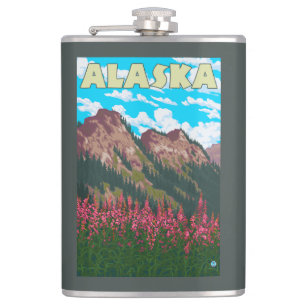 Fireweed with Mountains Vintage Travel Poster Flask