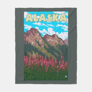 Fireweed with Mountains Vintage Travel Poster Fleece Blanket