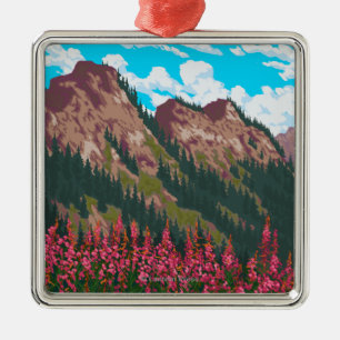Fireweed with Mountains Vintage Travel Poster Metal Ornament