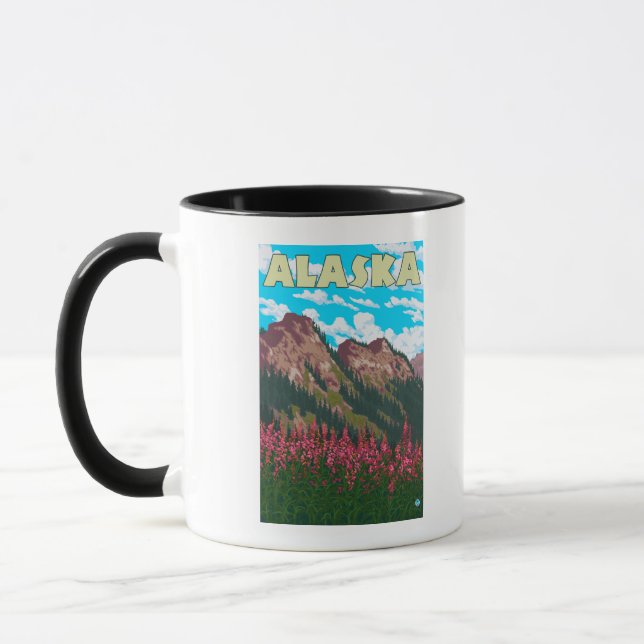 Fireweed with Mountains Vintage Travel Poster Mug (Left)