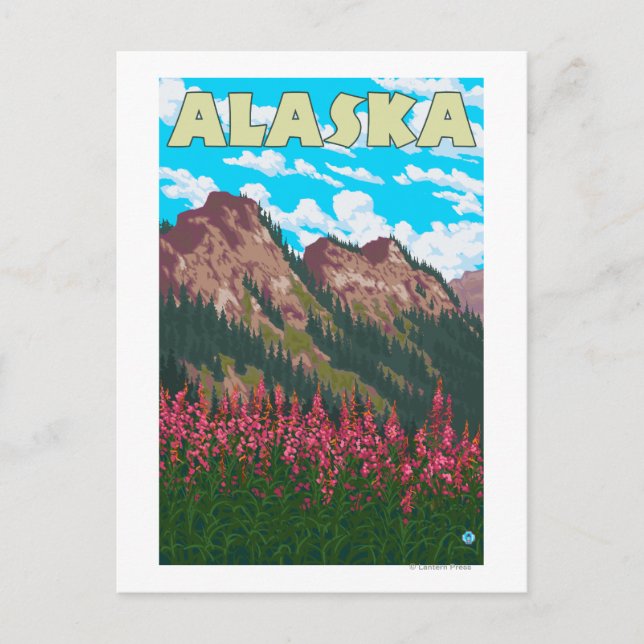 Fireweed with Mountains Vintage Travel Poster Postcard (Front)
