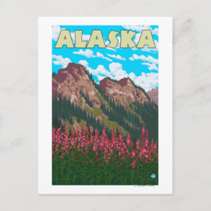 Fireweed with Mountains Vintage Travel Poster Postcard