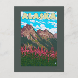 Fireweed with Mountains Vintage Travel Poster Postcard