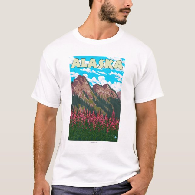 Fireweed with Mountains Vintage Travel Poster T-Shirt (Front)
