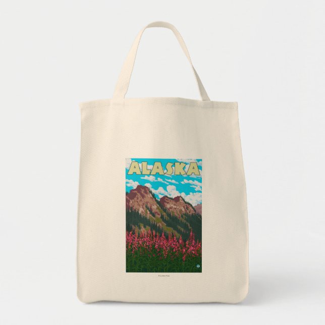 Fireweed with Mountains Vintage Travel Poster Tote Bag (Front)