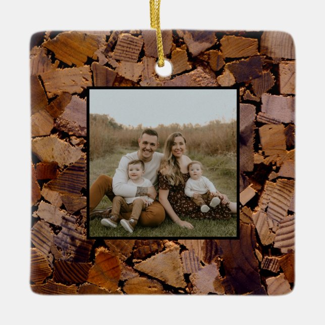 Firewood rustic cabin wood grain tree bark pattern ceramic ornament (Front)