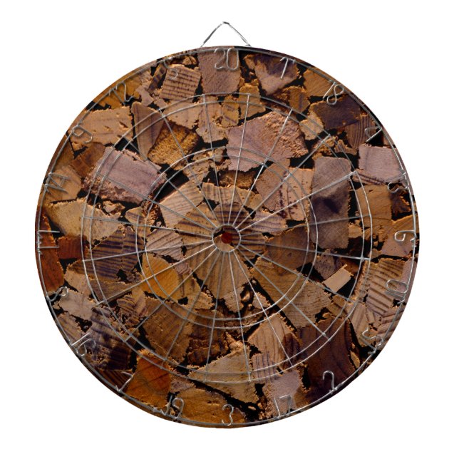 Firewood rustic cabin wood grain tree bark pattern dartboard with darts (Front)