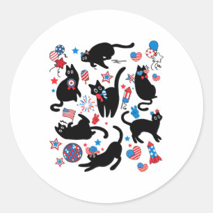 Firework 4th Of July Black Cat Usa Flag Cute Cat K Classic Round Sticker