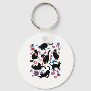 Firework 4th Of July Black Cat Usa Flag Cute Cat K Keychain