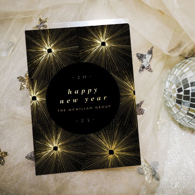 Firework Bursts Corporate Gold Foil Holiday Card (Black and gold foil fireworks bursts new year holiday card.)
