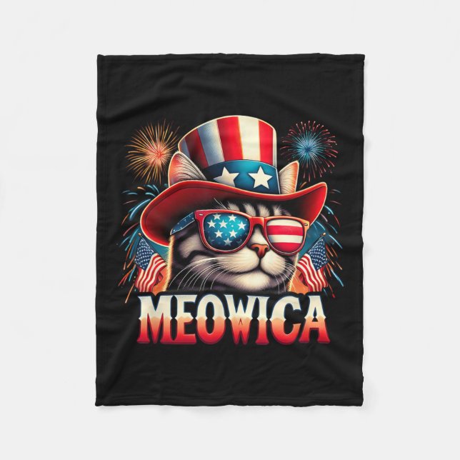 Firework Cat Funny Patriotic Kitty Cat Meowica 4th Fleece Blanket (Front)