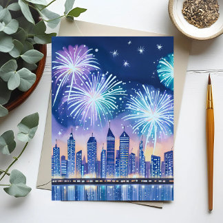 Firework Cityscape | Blue Lofi Digital Watercolor Postcard