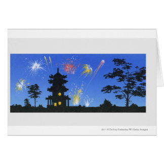 Firework display and silhouette of pagoda cards