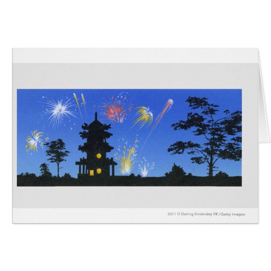 Firework display and silhouette of pagoda cards (Front Horizontal)