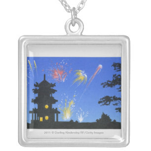 Firework display and silhouette of pagoda silver plated necklace