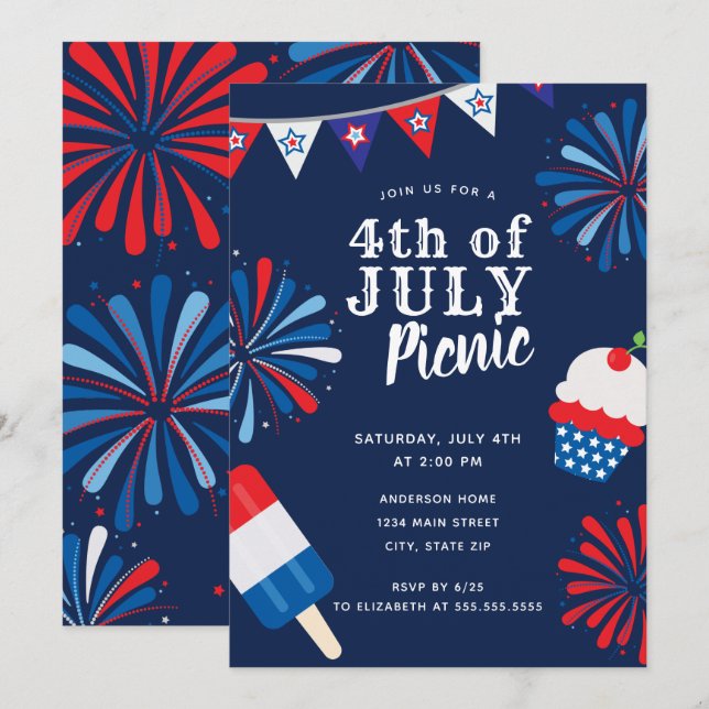 Firework Fourth of July Picnic Invitation (Front/Back)