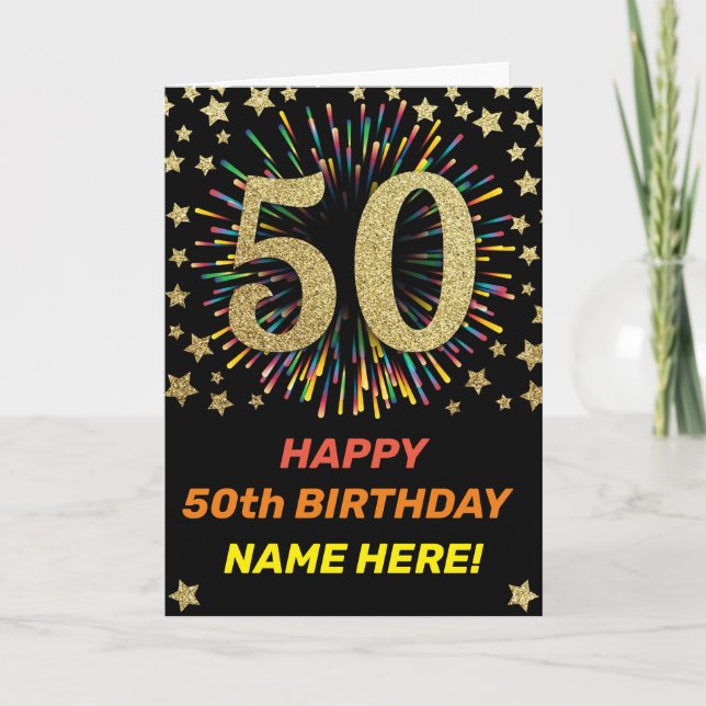Firework Rainbow 50th Black & Gold Happy Birthday Card (Front)