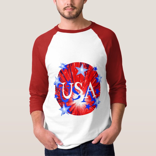 Firework Red White Blue 'USA'  3/4 sleeve mens T-Shirt (Front)