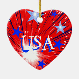 Firework Red White Blue 'USA' ornament heart