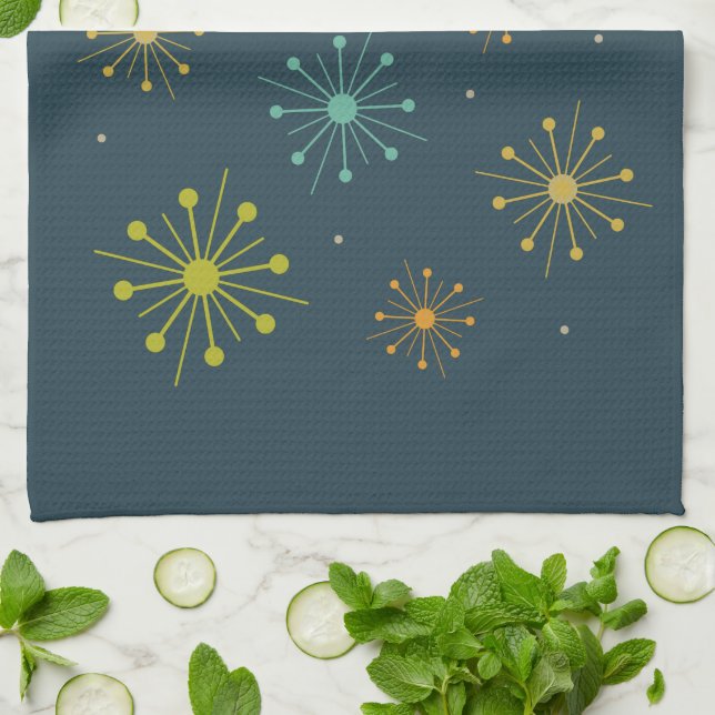 Firework Starbursts Dark Blue Mid-Century Kitchen Towel (Folded)