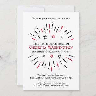 Fireworks 30th Birthday Party Black White Red Invitation