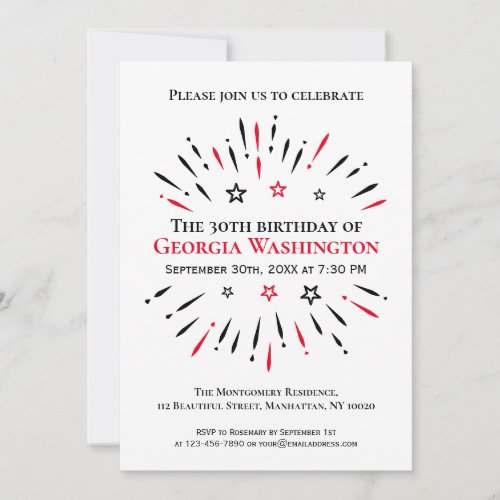 Fireworks 30th Birthday Party Black White Red Invitation