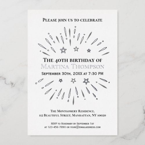 Fireworks 40th Birthday Party Black White Gray Foil Invitation