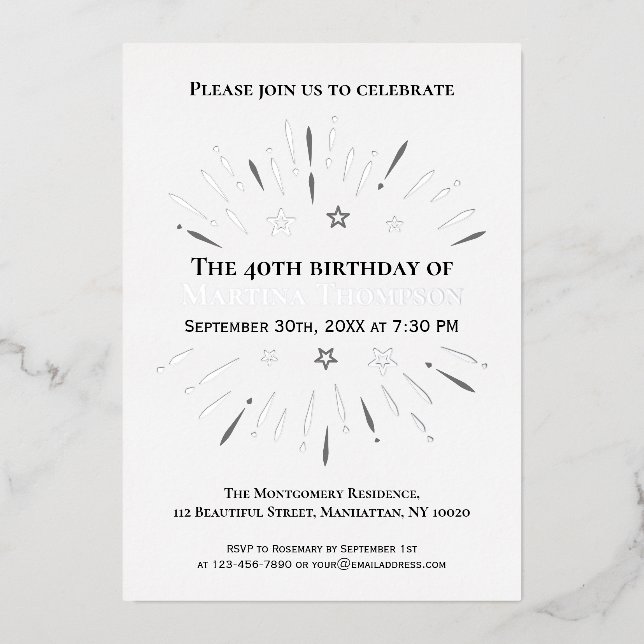 Fireworks 40th Birthday Party Black White Gray Foil Invitation (Front)