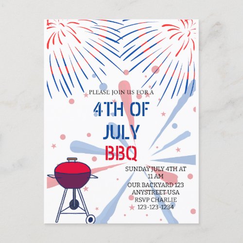 Fireworks 4th of July BBQ Invitation Postcard