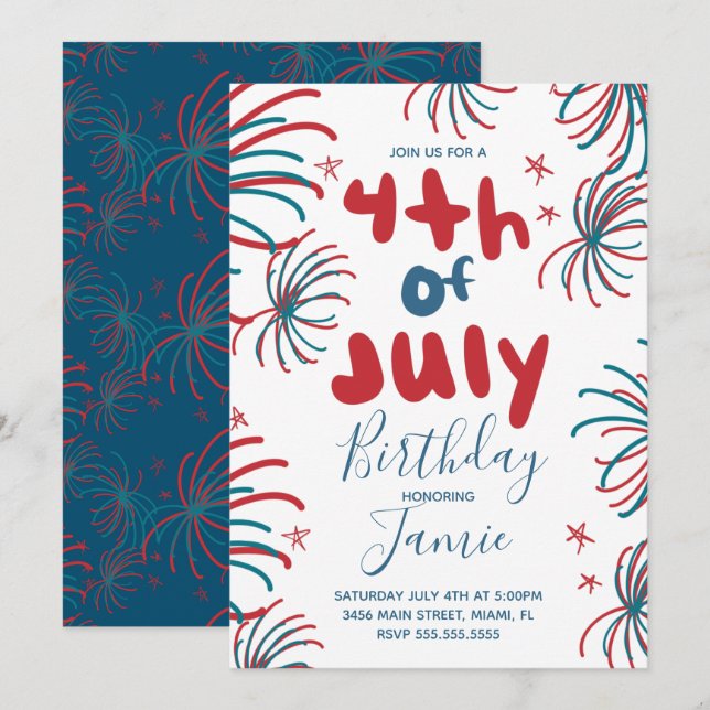 Fireworks 4th of July Stars BBQ Birthday Card (Front/Back)