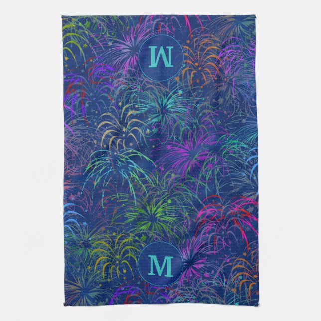 Fireworks 4th of July Summer Pattern | Monogrammed Towel (Vertical)