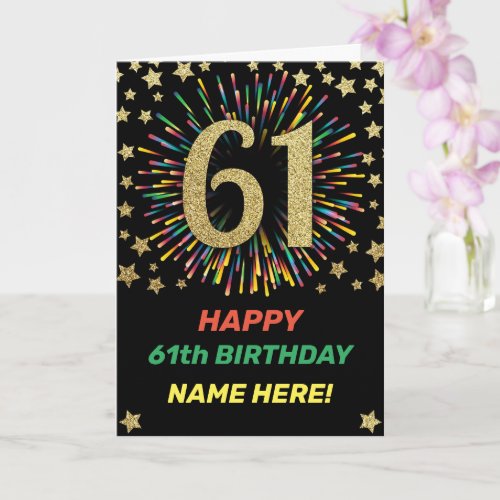 Fireworks 61st Birthday Rainbow Gold Greeting Card