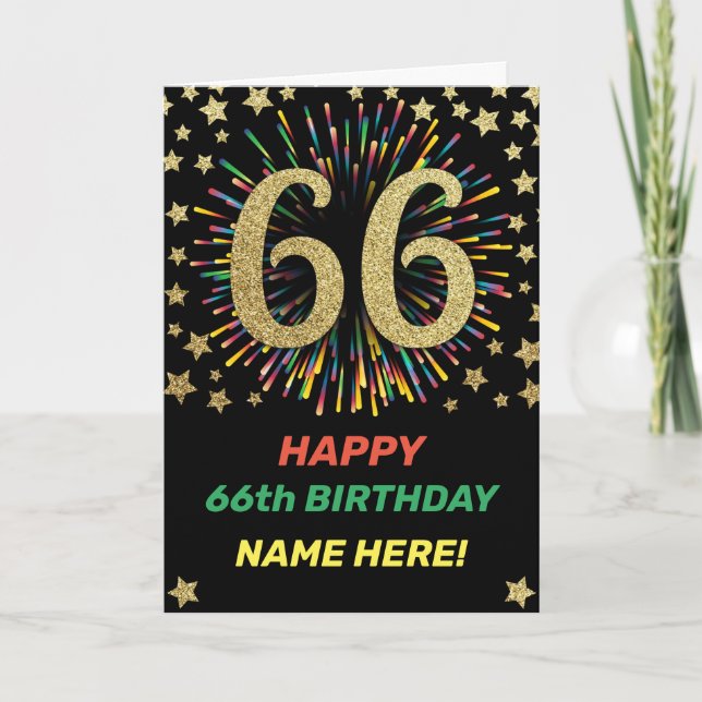 Fireworks 66th Birthday Colorful Rainbow Gold Card (Front)
